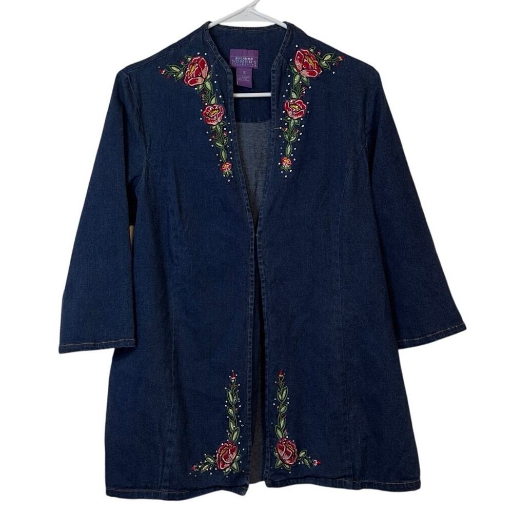 Suzanne Somers Embroidered Floral Rhinestone Denim Shirt Size S Hook Closure